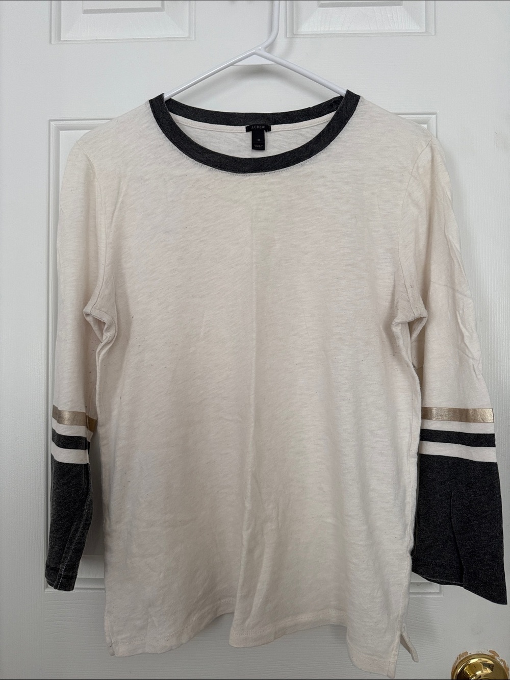 J.Crew Women’s Metallic Stripe Cotton Slub Ringer Tee Off-White Charcoal Gray M